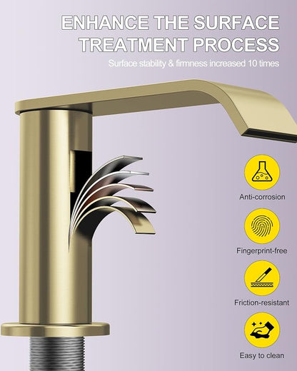 2 Pack Brushed Gold Bathroom Faucet 3 Hole 8 Inch Widespread Waterfall | Bathroom Sink Faucets 2 Handles with Pop-up Drain Supply Lines for Bath Vanity Commercial Lavatory Rv Restroom Homevacious