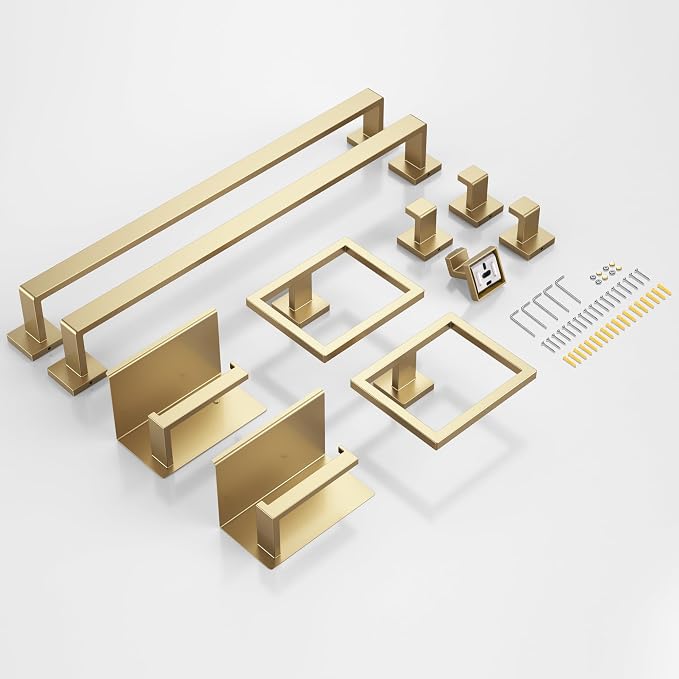 10-Piece 23.6 Inch Brushed Gold Bathroom Hardware Accessories Set | Stainless Steel Bath Extended Towel Bar, Toilet Paper Holder with Shelf, Towel Hooks, Square Towel Ring Wall Mounted