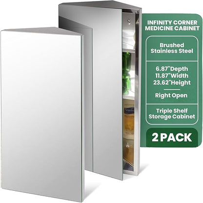 Renovators Supply Infinity Corner Medicine Cabinet with Mirror - Triple Shelf Storage Cabinet - Modern Wall Mount Medicine Cabinet - 23.6 in., Right Open, Brushed Stainless Steel, Pack of 2
