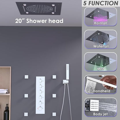 Enga 20 Inch Rain Shower System, LED Atomizing Rainfall Waterfall Large Horizontal Square Ceiling Shower Head with Remote Control Thermostatic Shower Faucet Set Flow Can Be Controlled, Chrome