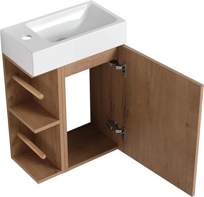 16 Inch Bathroom Vanity with White Sink Combo,Wall-Mounted Bathroom Vanity for Small Space,Modern Floating Bathroom Cabinet with Open Shelves,Brown