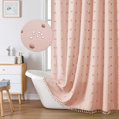 LilyCat Pink Farmhouse Tufted Floral Shower Curtain with Tassel, 72" x 72" | Waterproof Boho Fabric Shower Curtain Set with Hooks, Cute Rustic Vintage Bathroom Décor, Minimalist Cloth Bathroom Curtain