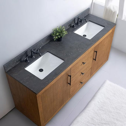 Vanity Art 72 inch Double Sink Bathroom Vanity, Vanity Cabinet with Doors and Shelf, Modern Wood Bathroom Vanity with Black Marble Top, Solid Wood Frame, 3 Functioning Drawers, VA70-72-DT-B
