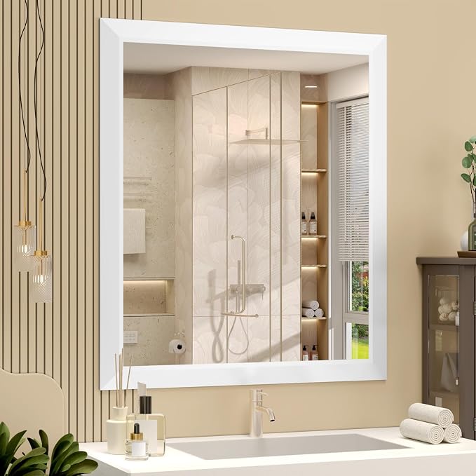 SMIROR 28x32 Matte White Bathroom Vanity Mirror for Over Sink | Metal Wide Frame, Rectangle, Right- Angle Corner, Anti-Rust, Horizontally or Vertically Wall- Mounted for Home Remodel