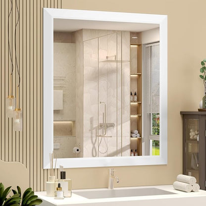 SMIROR 28x32 Matte White Bathroom Vanity Mirror for Over Sink | Metal Wide Frame, Rectangle, Right- Angle Corner, Anti-Rust, Horizontally or Vertically Wall- Mounted for Home Remodel