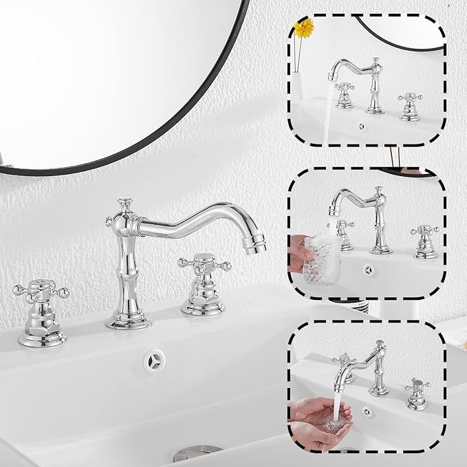 GGStudy Two Handles Three Holes Faucet 8-16 inch Widespread Bathroom Sink Faucet Chrome Basin Mixer Tap Matching Metal Pop Up Drain with Overflow