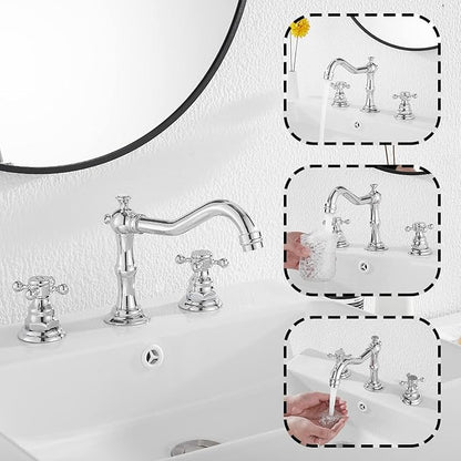GGStudy Two Handles Three Holes Faucet 8-16 inch Widespread Bathroom Sink Faucet Chrome Basin Mixer Tap Matching Metal Pop Up Drain with Overflow