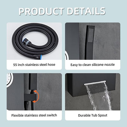 5-In-1Shower Panel Tower System-Brushed Black | 304 stainless steel Shower Panel Column Tower With Powerful Body Jets,Body Spray,Rainfall,Waterfall,Handheld And Tub Spout