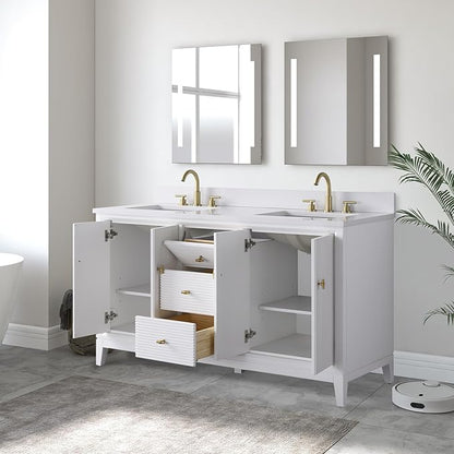 Vanity Art 60" Bathroom Vanity with Double Sink & Arabescato White Engineered Stone Top, Vanity Cabinet with Soft Closing Door, Solid Wood Frame, Golden Brushed Handles, White VA8160D-W-GB