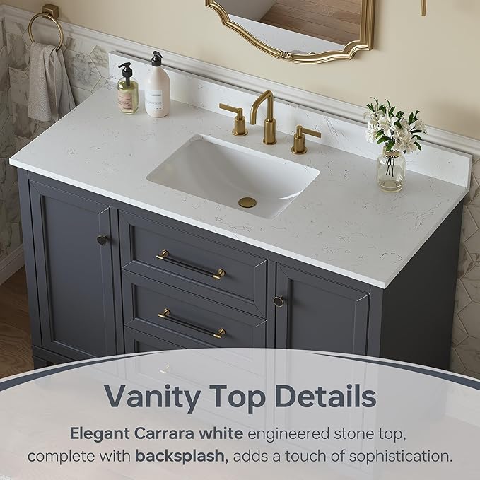 48 Inch Bathroom Vanity with Sink, Solid Wood Vanity with Engineered Stone Top, Fully-Assembled Vanity with Soft Closing Doors & Dovetail Drawers, Single Sink Bathroom Cabinet, Charcoal Gray