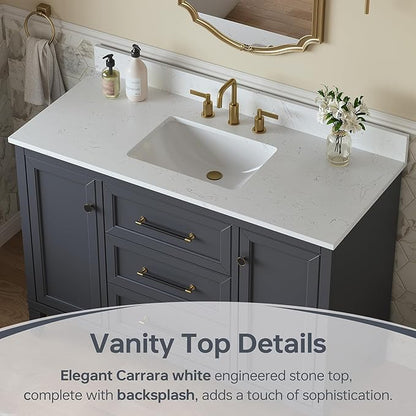 48 Inch Bathroom Vanity with Sink, Solid Wood Vanity with Engineered Stone Top, Fully-Assembled Vanity with Soft Closing Doors & Dovetail Drawers, Single Sink Bathroom Cabinet, Charcoal Gray