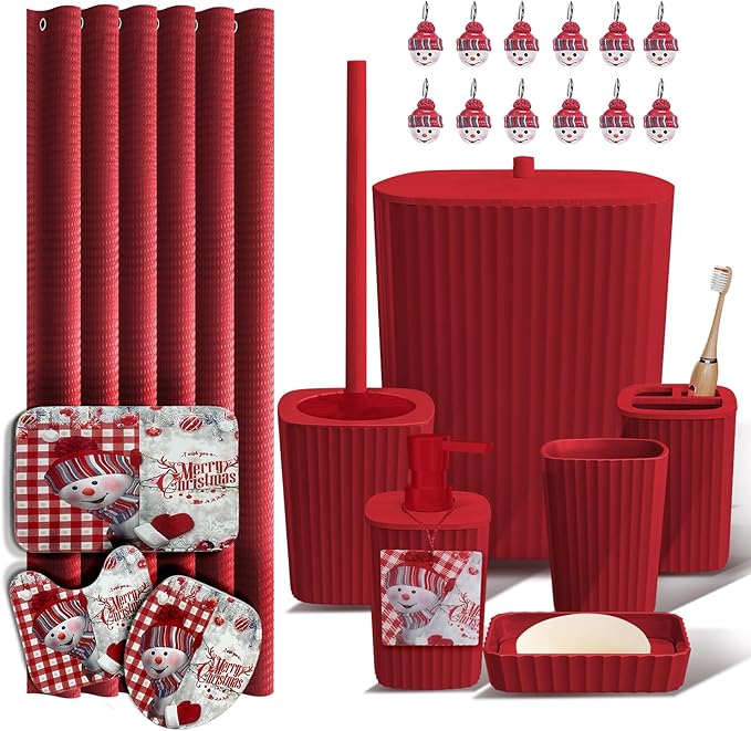Clara Clark Christmas Bathroom Accessory Set - 22PC, Complete Set + Bath Rugs, Modern, Red & White, Polyester | 22 Piece Complete Xmas Bathroom Set with Toothbrush Holder, Soap Dispenser, Soap Dish, Toilet Brush, and Bathroom Trash Can