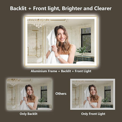 72x32 Inch LED Bathroom Mirror with Lights (Front Lit and Backlit) Gold Framed Lighted Vanity Mirror for Bathroom Wall Dimmable Anti-Fog Memory Tempered Glass Horizontal/Vertical