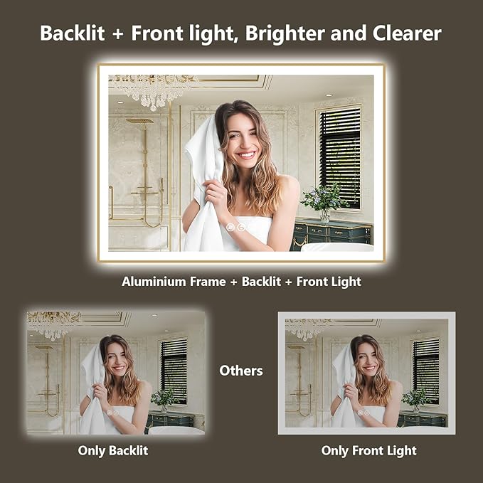 72x40 Inch LED Bathroom Mirror with Lights (Front Lit and Backlit) Gold Framed Lighted Vanity Mirror for Bathroom Wall Dimmable Anti-Fog Memory Tempered Glass Horizontal/Vertical