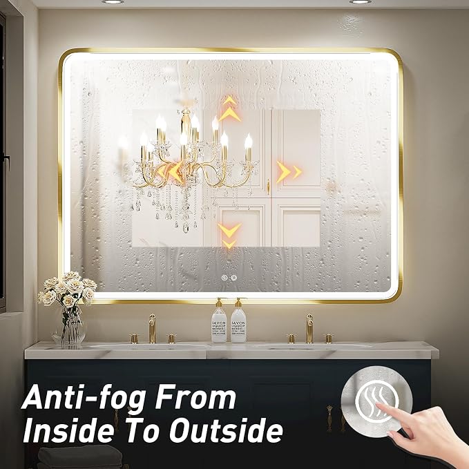 48X36 Inch LED Gold Frame Bathroom Mirror,3 Color | ETL Listed,Anti-Fog,3000K/4500K/6000K Dimmable,Horizontal & Vertical,Wall Mounted,Memory Function
