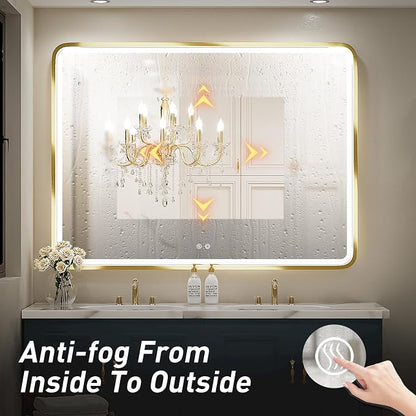 48X36 Inch LED Gold Frame Bathroom Mirror,3 Color | ETL Listed,Anti-Fog,3000K/4500K/6000K Dimmable,Horizontal & Vertical,Wall Mounted,Memory Function