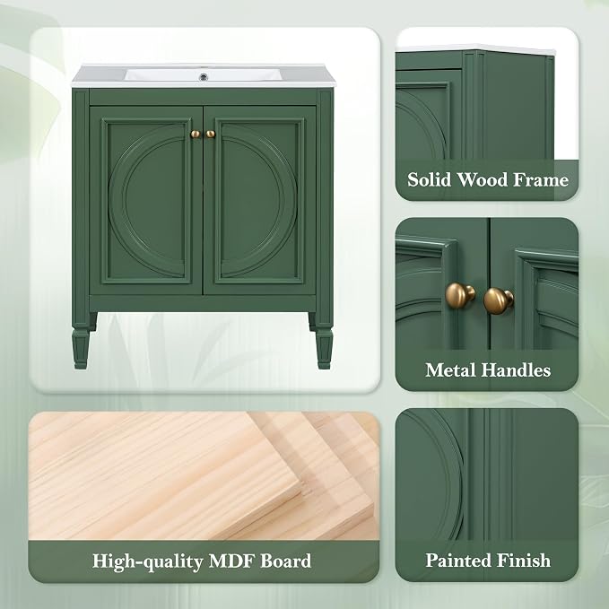 Christopher Knight Home Benton 30" Bathroom Vanity with Ceramic Sink, Wood Frame, Adjustable Shelves, Soft Close Door Hinges, Storage Cabinet with 2-Tier Door Organizer, 1 Drawer, Green