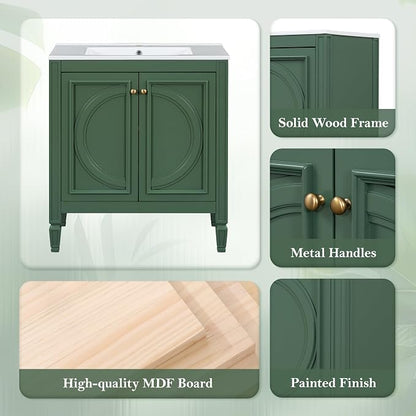 Christopher Knight Home Benton 30" Bathroom Vanity with Ceramic Sink, Wood Frame, Adjustable Shelves, Soft Close Door Hinges, Storage Cabinet with 2-Tier Door Organizer, 1 Drawer, Green