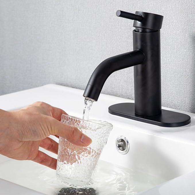 HOTIS Matte Black Bathroom Faucet, Single Hole Bathroom Sink Faucet with Pop-up Drain, Suitable for 1 or 3 Hole Installation, Single Handle for Bathroom Sink, RV and Vanity, HT-HJ-052B-D