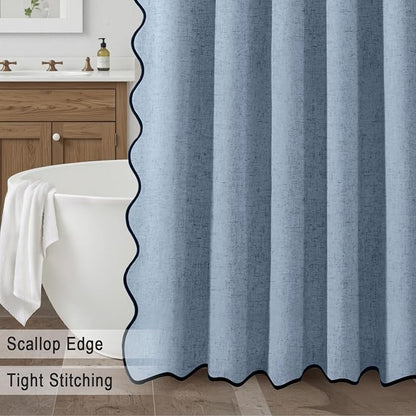 Scalloped Shower Curtain Linen Boho Flax Blue Grey 72" W x 72" L | Linen Fabric, Black Border, Washable, Heavy Duty Cloth, Shower Curtain for Boho Farmhouse Bathroom Bathtub