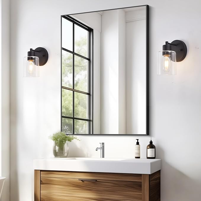 Wall Sconces for Bathroom, Modern Vanity Light Fixtures, Black Wall Mount Lighting Lanterns, Farmhouse Wall Lights with Clear Glass Shade for Bedroom Living Room Mirror Hallway Kitchen（2PACK）