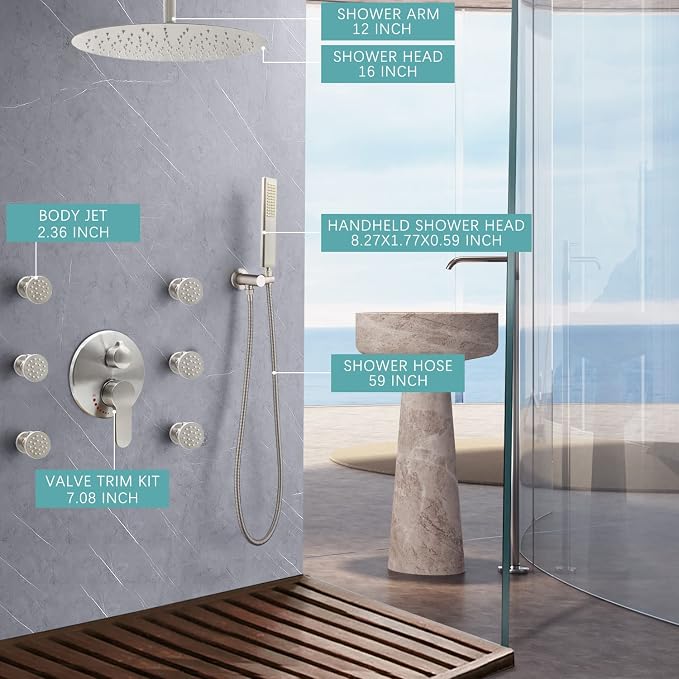 16inch Ceiling Mount Shower System High Pressure Shower Head System With Body Spray And Handheld Shower Combo Set For Bathroom (Brushed Nickel)