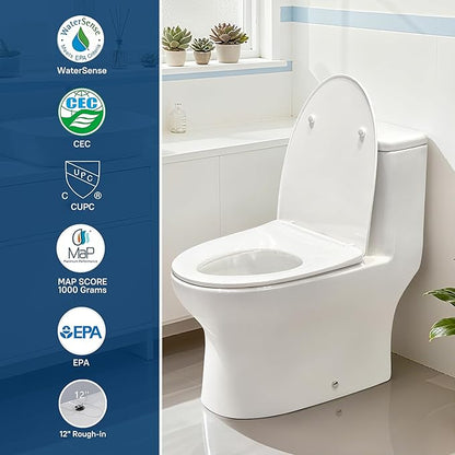 W2161RD One-Piece Toilet | Dual Flush 1.0/1.28 GPF and MAP 1000g, Elongated Toilet 12" Rough-In, White Bathroom Toilet with & Water-Saving, With Soft-Close Seat