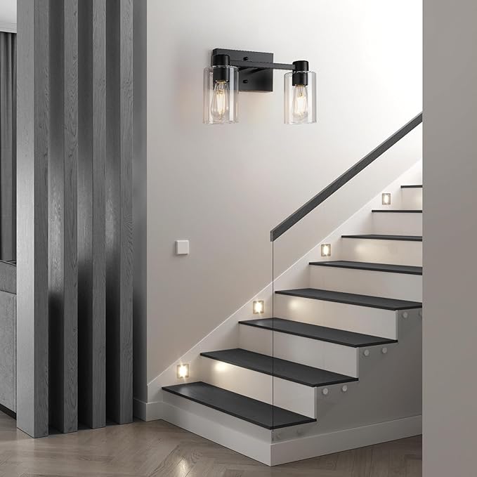 2 Pack Matte Black Bathroom Light Fixtures,2-Light Bathroom Vanity Light with Clear Glass Shade,Modern Farmhouse Wall Sconces Lighting for Bedroom Cabinet Over Mirror Kitchen Living Room