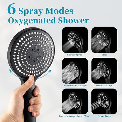 OFFO Handheld Shower Head Set, 6-Mode High Pressure Handheld Sprayer with 60" Shower Hose & Holder, High Flow Large Powerful Boosting Handheld Showerhead for Low Water Pressure, Matte Black