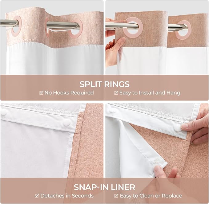 River Dream Linen Textured No Hooks Shower Curtain with Liner,Pink,71x74 | Mesh Top Window,with Snap-in Liner,Heavy Duty Fabric,Quick Dry,Bottom Magnets,Water-Repellent,Washable,Farmhouse Bathroom Set