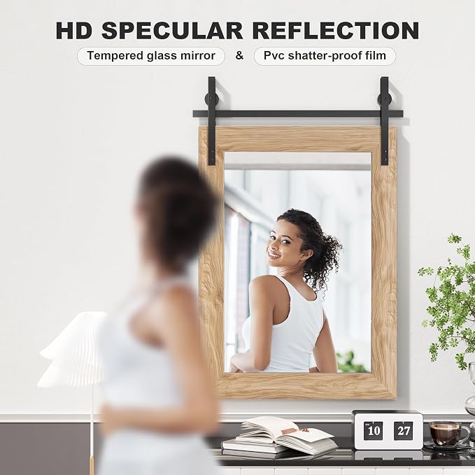 Hasipu Farmhouse Bathroom Mirror, 24"x36" Rustic Wood Framed Wall Mounted Mirror, Brown Vintage Vanity Mirror Barn Door Style Decrative Mirrors