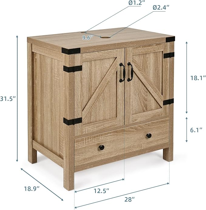 28 inch Natural Color Bathroom Vanity, Rustic Fixture Standing Pedestal Cabinet with Silver Boat Vessel Sink