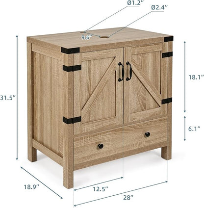 28 inch Natural Color Bathroom Vanity, Rustic Fixture Standing Pedestal Cabinet with Silver Boat Vessel Sink