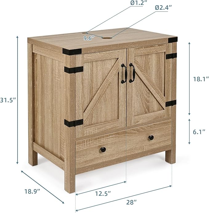 28 inch Natural Color Bathroom Vanity, Rustic Fixture Standing Pedestal Cabinet with Black Ceramic Boat Sink