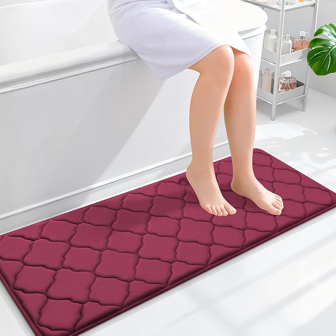 OLANLY Memory Foam Bath Mat Rug 47x17, Ultra Soft and Absorbent Bathroom Rugs, Non-Slip, Comfortable, Machine Washable Bath Carpet for Bathroom Floor, Tub, Shower and Home Decor Accessories, Burgundy