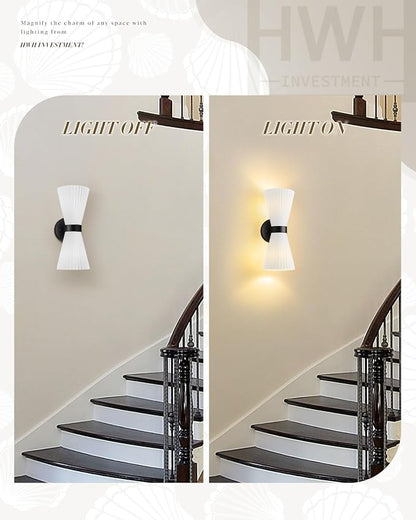 Modern Black Wall Sconce, HWH Up and Down Indoor Sconces Wall Lighting with Frosted Milk White Striped Glass Shade, Hardwired Wall Mounted Vanity Lamp for Bathroom, 5HZG97B-2W BK