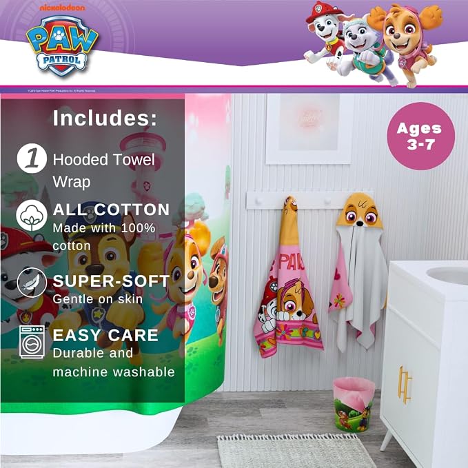 Paw Patrol Girl Skye, Marshall, Chase Kids Super Soft Bath/Pool/Beach Soft Cotton Terry Hooded Towel Wrap, 24 in x 50 in, (Officially Licensed Product) by Franco
