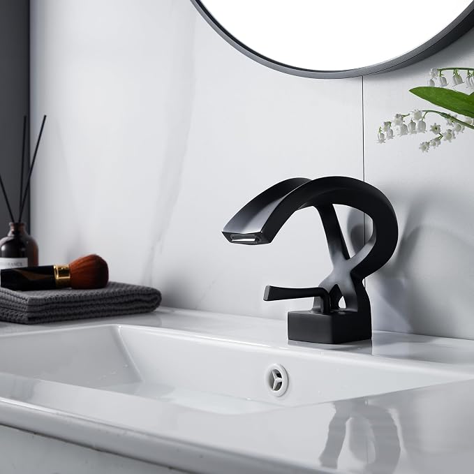 Bathroom Sink Faucet Black Waterfall Single Handle Creative Hollowed Body | One Hole Vanity Basin Deck Mount Lavatory Brass Unique Special Design