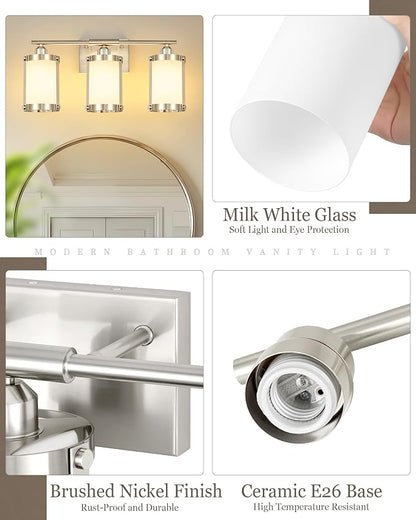 3-Light Brushed Nickel Bathroom Light Fixtures with Milk Frosted Glass, 21" Modern Bathroom Vanity Lighting Fixtures Over Mirror with Metal Cage, Wall Sconce Lights for Bath, E26, OS-3014BNW-3W