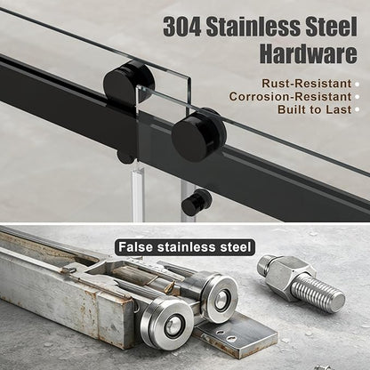 Frameless Stainless Steel Sliding Shower Door, 56-60" W x 72" H - 1/4” (6mm) Thick Tempered Glass Rust-Proof Glass Shower Door with Dual Tracks in Matte Black