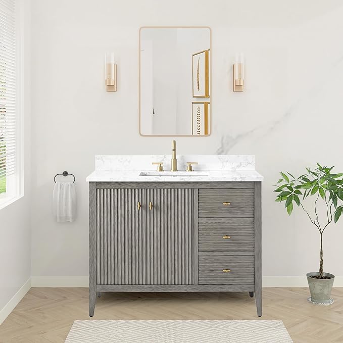 HOMEBEYOND 42" Bathroom Vanity with Sink, Solid Wood Bathroom Vanity Free-Standing Cabinet, Drawers, Ceramic Top & Soft Closing Door, Golden Brushed Handware, Driftwood Gray