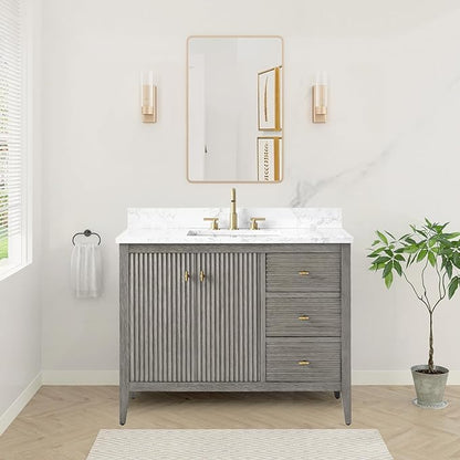 HOMEBEYOND 42" Bathroom Vanity with Sink, Solid Wood Bathroom Vanity Free-Standing Cabinet, Drawers, Ceramic Top & Soft Closing Door, Golden Brushed Handware, Driftwood Gray