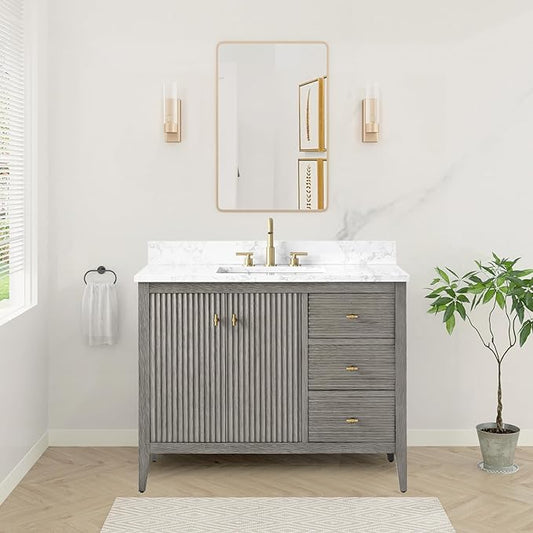 HOMEBEYOND 42" Bathroom Vanity with Sink, Solid Wood Bathroom Vanity Free-Standing Cabinet, Drawers, Ceramic Top & Soft Closing Door, Golden Brushed Handware, Driftwood Gray