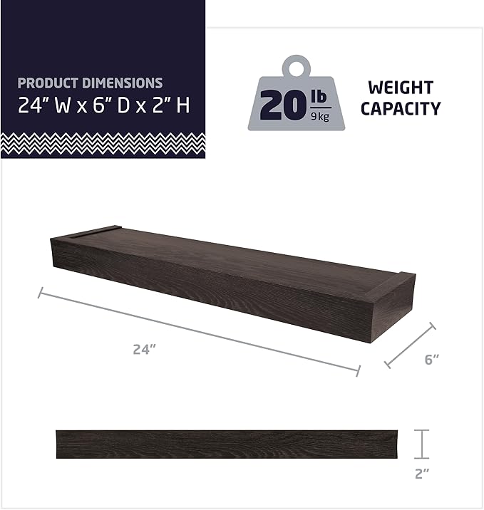 HIGH & MIGHTY 515609 Modern 24" Floating Shelf Holds up to 20lbs, Easy Tool-Free Dry Wall Installation, Flat, Retail Packaging, Espresso