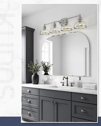 kudos 4-Light Brushed Nickel Vanity Light, Clear Glass Shade | 33" bathroom light fixtures over mirror, upward or downward, E26 base, bulbs not included, Hardwired, KDVL20-BN-4