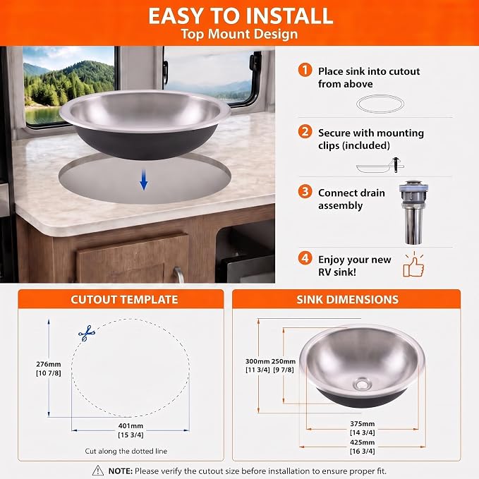 LQS Oval RV Bathroom Sink, 16.73 x 11.81 Inch Stainless Steel RV Sink | Topmount Oval RV Sink for Camper Bathrooms, Kitchens and Bars; 5.12-Inch Depth with Sink Drain Assembly Included