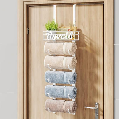 HapiRm Towel Racks for Bathroom Storage - 6 Tier Over The Door & Wall Mount Rolled Towel Storage Organizer Holder with Metal Shelf Basket for Small Bathroom, Camper, Rv - White, Patented