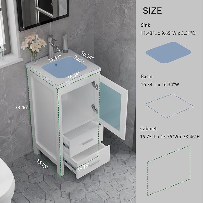 wonline 16" Bathroom Vanity Set, Single Small Bathroom Cabinet with Ceramic Sink, Modern White Cabinet Vanity with Faucet & Pop Up Drain