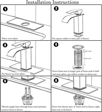 sagetta Waterfall Bathroom Sink Faucet Single Hole Faucet with Three Hole Cover Deck Plate, Pop up Drain and Water Hoses Stainless Steel Vanity Faucet, Chrome