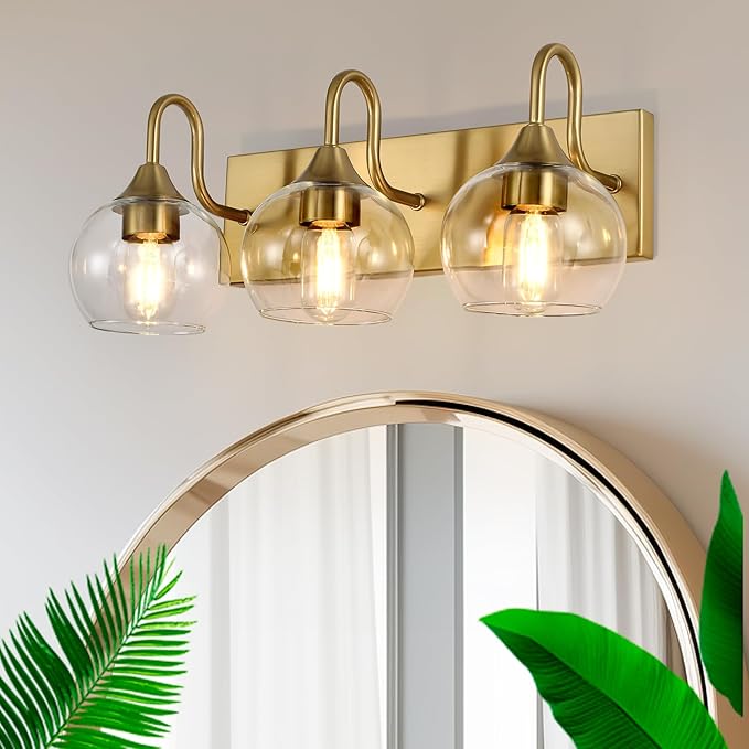 Bathroom Light Fixtures, 3-Light Brushed Gold Vanity Light Over Mirror, Modern Wall Sconces 21" with Clear Glass Globe Shade, Bathroom Wall Lights for Mirror Kitchen Bedroom Hallway